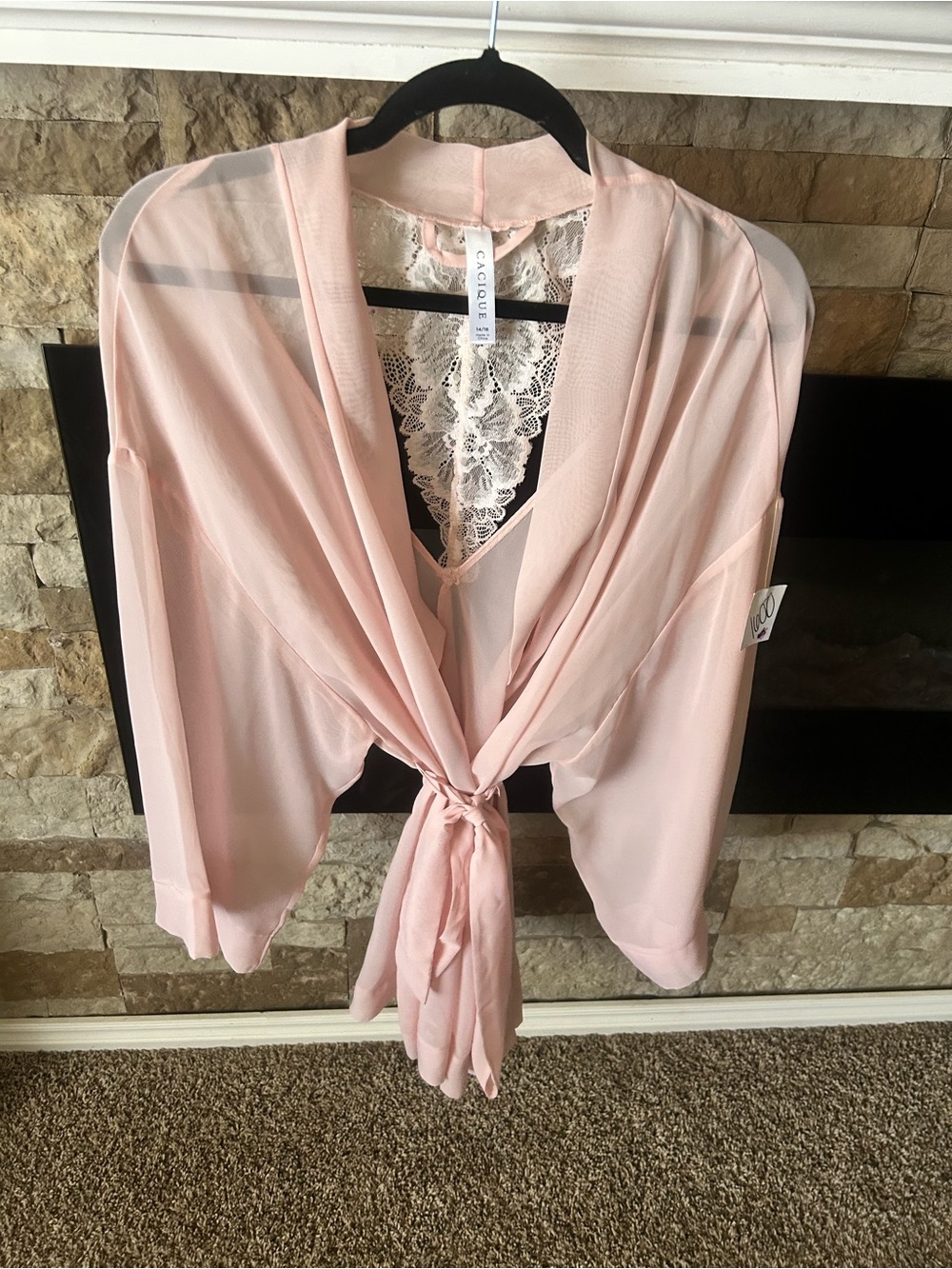 Cacique Blush Pink Lace-Trim Tie-Front Robe